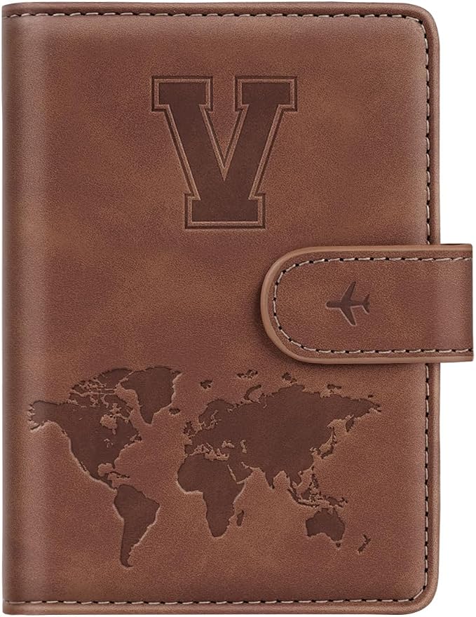 Passport Holder Wallet Cover Personalized Initial Travel Essentials | Embossed Letter A-Z Design, Travel Wallets, RFID Blocking, Passport Book Holders, Women Men, Personalized Gifts, Brown-V