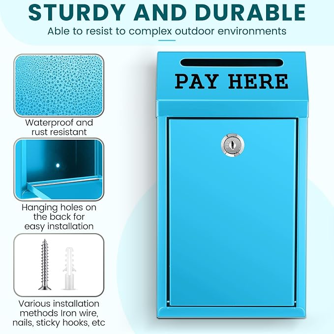 Yaocom Safe Metal Cash Box for Farm Stand – Money Drop and Secure Donation Collection, Wall Mount Lockable Unit with Pre Drilled Holes for Outdoor Self Serve(Light Blue,10.2 x 5.7 x 2.8 Inch)
