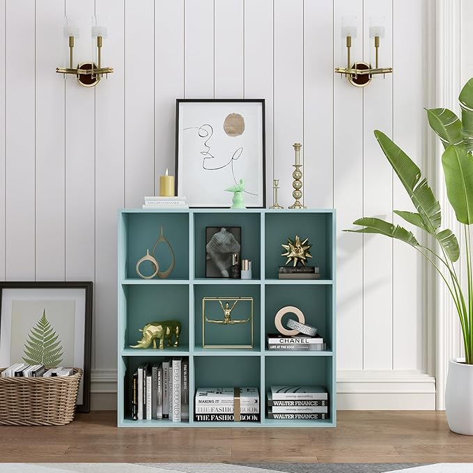 OSCHF 9-Cube Storage Shelf Bookcase - Wooden 3-Tier Floor Standing Open Bookshelf for Home and Office, Display Cabinet, Light Blue