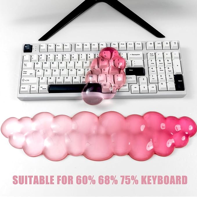 Ergonomic Cloud Silicone Gel Keyboard and Mouse Wrist Rest Set – Clear Wrist Rest for Computer Keyboard 60%/68%/75%, Comfort & Support for Typing and Gaming (White Pink)