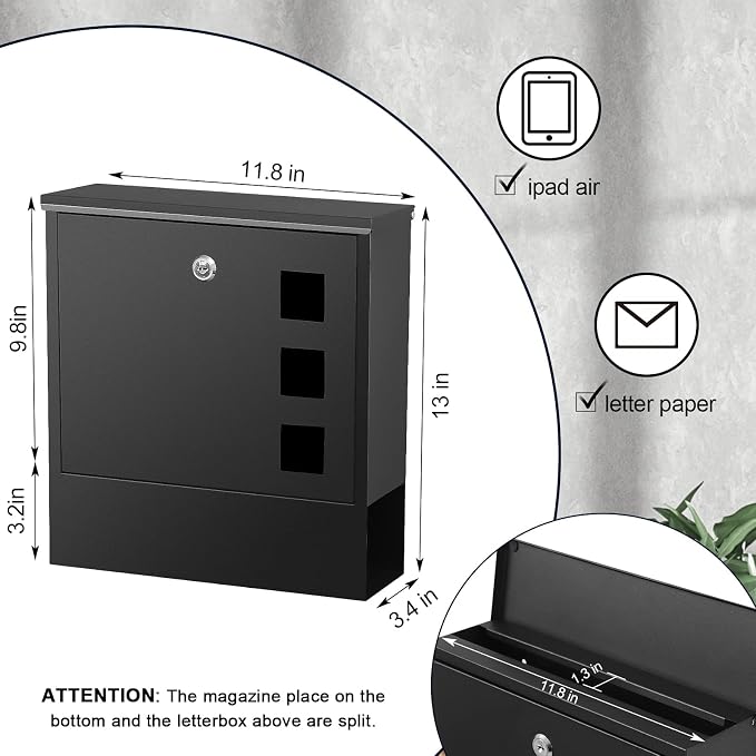 KYODOLED Locking Wall Mount Mailbox for Outside, Key Lock, Black | Heavy-Duty Steel, Large Capacity, Holds Newspapers, Magazines & Envelopes, Weather Resistant, Home & Residential Use