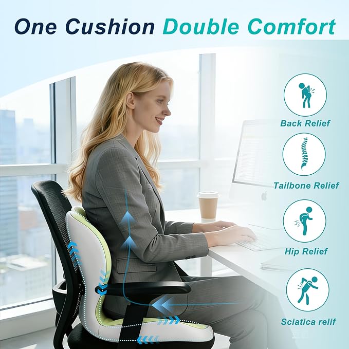 Seat Cushion for Office Chair and Car, Lumbar Support Pillow for Office Chair, Memory Foam Ergonomic Seat Cushion for Long Sitting, Back & Tailbone Pain, Sciatica - Green & Gray