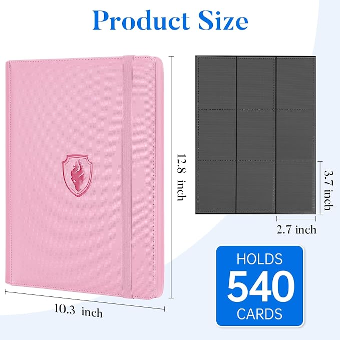 Premium 9 Pocket Card Binder for 540 Cards, Fabmaker PU Cover Trading Card Binder, Sturdy Card Collection Album, Sleek Card Holder Folders for Game Cards & Sports Cards, Pink