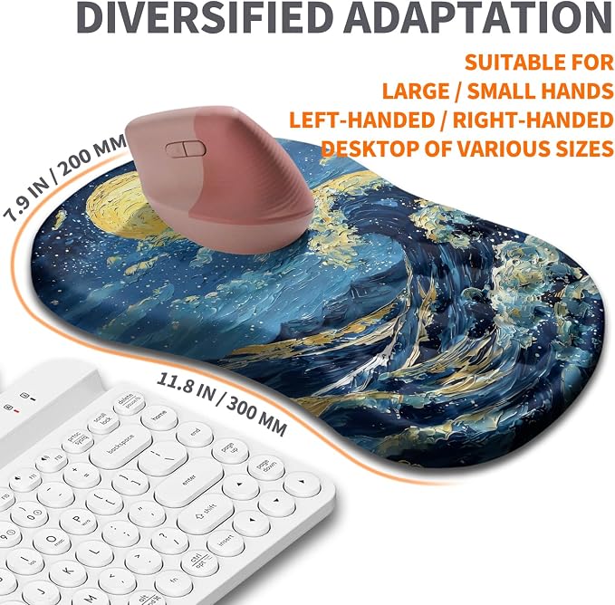 Ergonomic Joint Wrist Support Mouse Pad with Memory Foam Cushion Massage Bump, Carpal Tunnel Pain Relief Mousepad Slope Design for Wrist Rest, 11.8x7.9 in, Waves