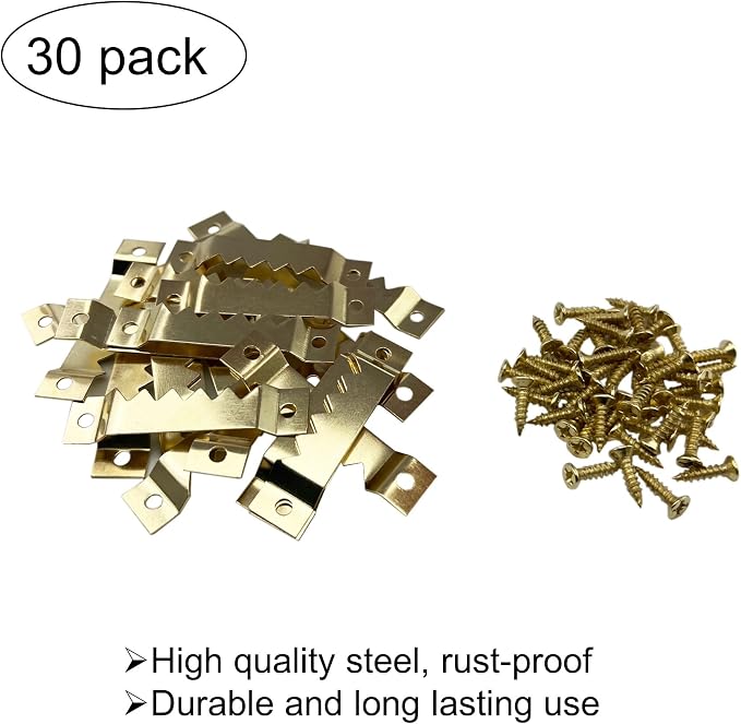 30 Pack Large Sawtooth Picture Hangers Steel Picture Hanging Picture Frames Hangers with Screws Picture Hang Solutions, for Hanging Artwork Picture Frame Hook Photos (Gold，Supports 50 lbs)