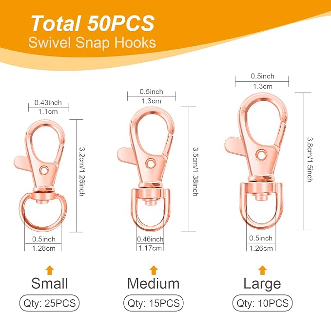 100PCS Swivel Snap Hooks with Key Rings, Premium Metal Swivel Lobster Claw Clasps Assorted Sizes (Large, Medium, Small) for Keychain Clip Lanyard, Jewelry Making, Crafts, Rose Gold