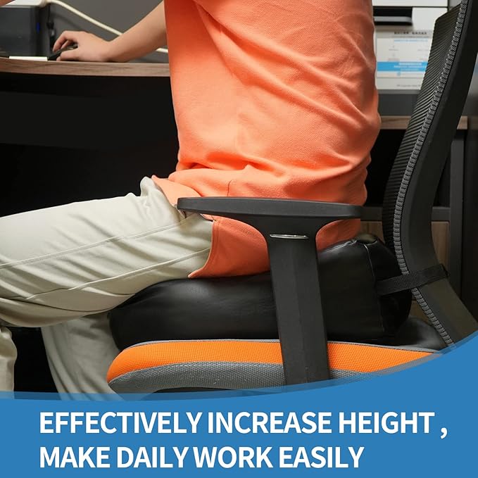 YOUFI Leather Seat Cushion Extra-Thick Booster for Office Chair to Rise Height - Full Filling for Support - with Breathable Cover, Handle and Buckle - Relieves Back Pain – 18"x16"x6" (Black)