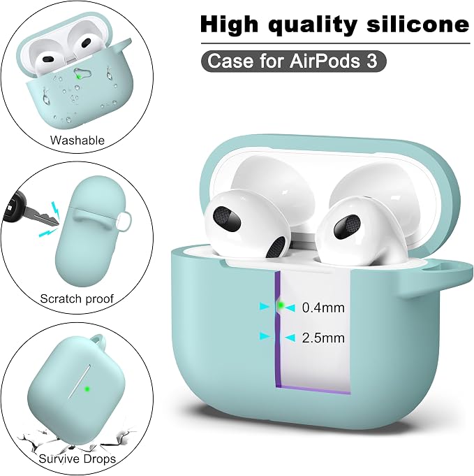 R-fun Compatible with AirPods 3 Case Cover, Silicone Protective Accessories Skin with Keychain Compatible with Apple AirPod 3rd Generation 2021 for Women Men Girls Boys,Front LED Visible,Turquoise