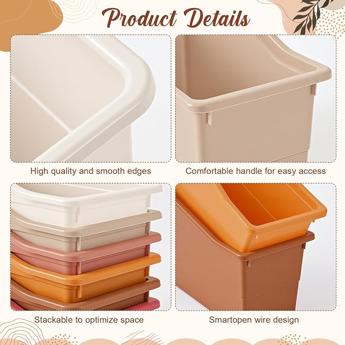 Blosssound 6 Set Book Bins for Classroom Stackable,Earth Tones | Plastic Baskets with Labels, Slanted Front, Library Supplies Organizers, Desktop Storage Bins, Teachers Home School Use