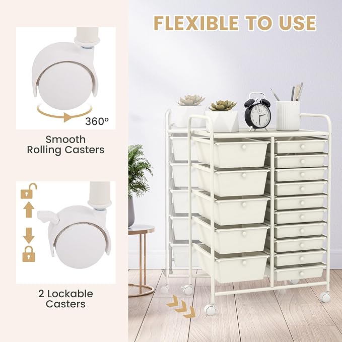 15 Drawer Rolling Storage Cart, Rolling Cart with Drawers for Classroom, Art Supply Craft Organizer on Wheel with Metal Frame & Handles for Home Office School