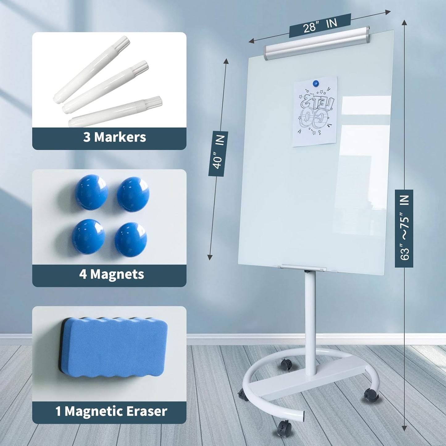 Rolling Writeboard Premium Tempered Magnetic Glass Whiteboard 40"x28" Rolling Dry Erase Board with Tempered Glass Surface Adjustable Height Multi-Use Standing (White)