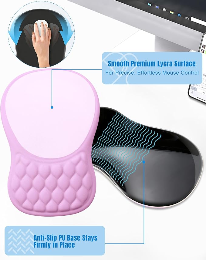 Ergonomic Mouse Pad with Sloped Memory Foam Wrist Rest | 3D Textured Wrist Cushion, Smooth Lycra Surface, Non-Slip PU Base, Comfortable Support for Office/Home Computer Desks