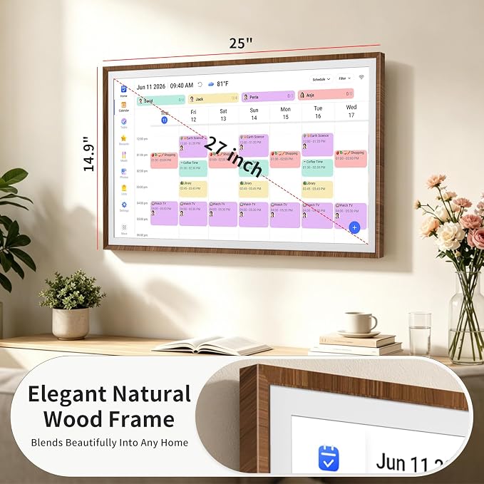 LIVINGPAI Smart Digital Wall Calendar, 27 Inch Full HD Touchscreen Family Planner, Chore Chart & Meal Planner, WiFi Shared Calendar Display, Google iCloud Outlook Sync, Wood Frame