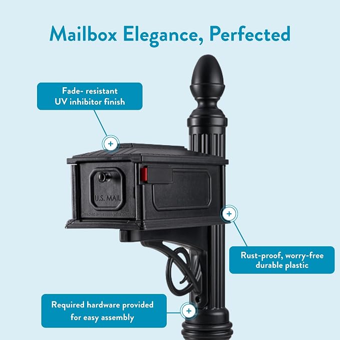Architectural Mailboxes Stratford Plastic Mailbox and Post Kit, SC000BAM, Black, Medium Capacity | Includes the matching post and all hardware. Durable plastic build with weather-resistant outdoor construction. USPS approved