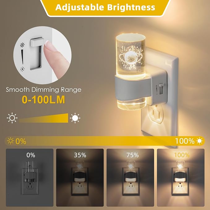 LED Night Light 2 Pack, Dimmable, Dusk to Dawn Sensor, 0-100 LM Adjustable Brightness, 3000K, Wall Mounted, Starry Sky Pattern Etched Within，Applies to Bedroom, Hallway, Plug in Night Light
