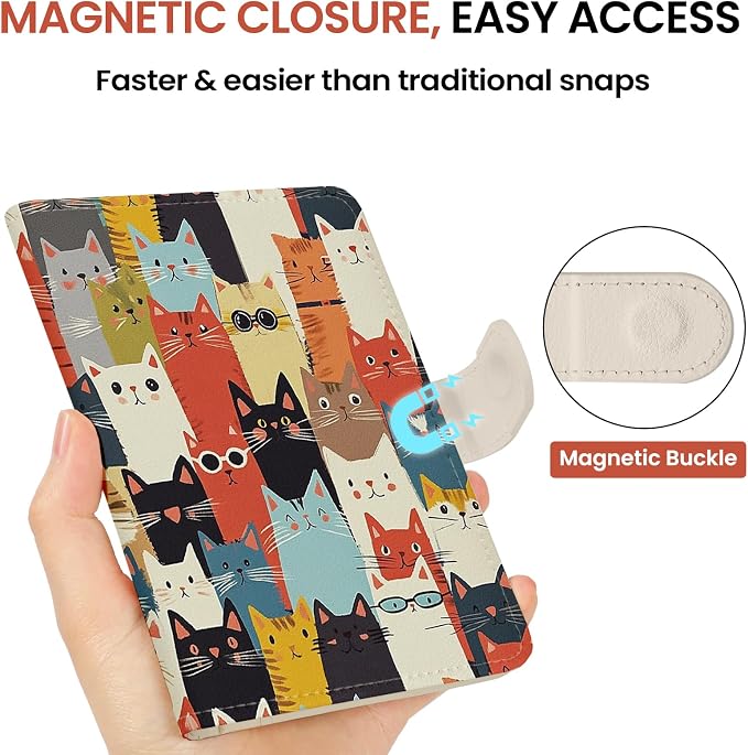 Passport Holder for Travel Essentials, RFID Blocking Leather Cover Wallet with Magnetic Closure, Aesthetic & Cute Passport Book Case for Women and Men - Cat
