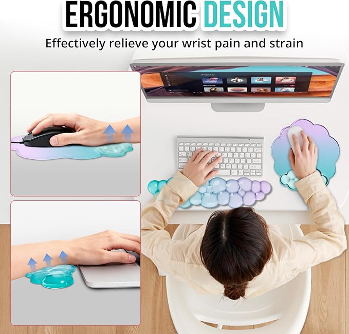 Cloud Wrist Rest Gel Set — Ergonomic Cloud Wrist Rest Keyboard and Mouse, Non-Slip Desk Accessories for Office and Home（Gradient Purple Cyan）