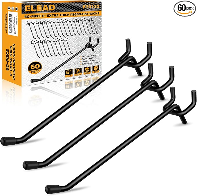 ELEAD 60-Piece 6 Inch Extra Thick Pegboard Hooks, Heavy Duty Peg Board Organizer Accessories, Peg Board Tool Hangers Fit for 1/4" Pegboard Hanging Tools Garage, Workshop, and Craft Storage