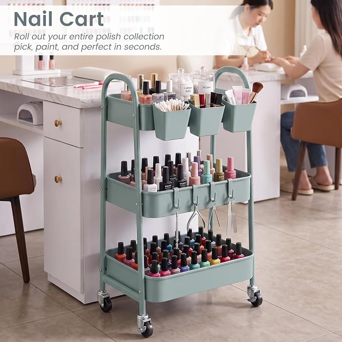 3-Tier Rolling Cart, Utility Cart Mobile Metal Rolling Storage Cart with Lockable Wheels & Hanging Cups & Hooks for Kitchen, Bathroom, Office, Workshop, Gray Blue