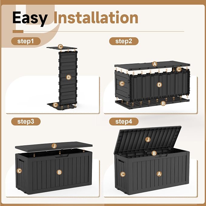 Vixzen 121 Gallon Waterproof Large Deck Box, Lockable Resin Outdoor Storage Box with Hydraulic Lid, Durable Storage Bin for Patio Furniture Cushions, Garden Tools, Pool Accessories, Black