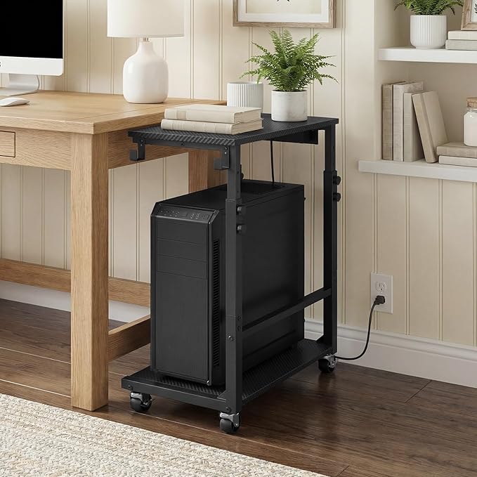 Computer Tower Stand with Power Outlet, Mobile PC Stand for Floor, Height Adjustable PC Holder Cart Under Desk, 26.6"-32.7" H, for Home Office, Gaming Room, Black PCHS215E01