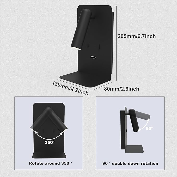 ZEROUNO Plug in Wall Sconce with Switch LED Bedside Lamp Bedroom Wall Mounted Reading Light with USB Port Wall Lighting 3000K（Black）