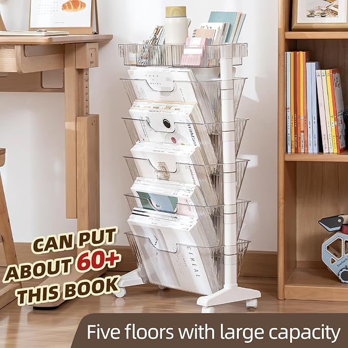 5 Tier Rolling Book Cart Multi-Functional Movable Storage Bookshelves | rolling bookshelf,Movable Storage Bookshelves with Lockable Wheels for Study Office Library Classroom,