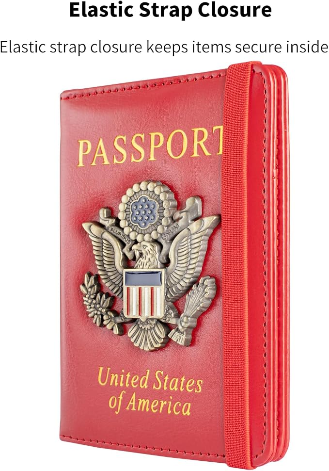 Passport Holder Cover and Card Case Slot Combo RFID Blocking Leather Travel Passport Wallet for Men and Women US Passport Protector Document Organizer,Bright Red