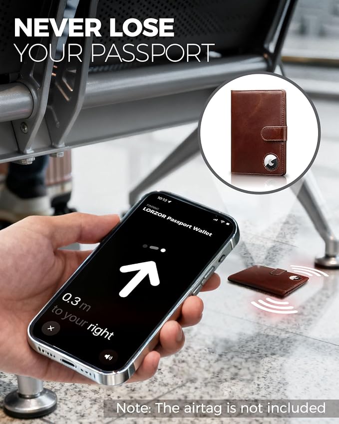 Passport Holder for Travel: Full Grain Leather Passport Cover with Airtag Holder Magnetic Buckle for Men - RFID Blocking Bifold Wallet for Air Ticket Card Cash Coin (Brown)