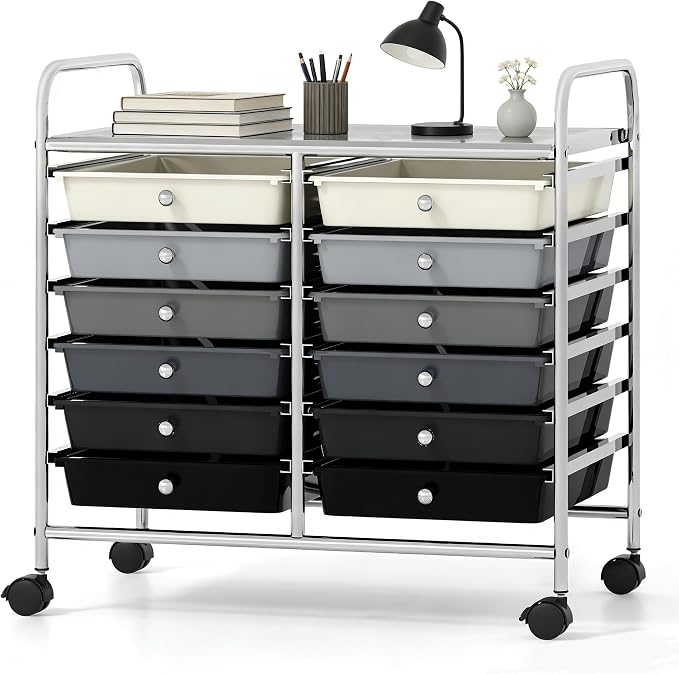 COSTWAY 12-Drawer Rolling Storage Cart, Utility Storage Organizer Cart | For Tools, Scrapbook, Paper, Craft, Multipurpose Art Supply Organizer on Wheels for Home Office School, Teacher, Mixed Black