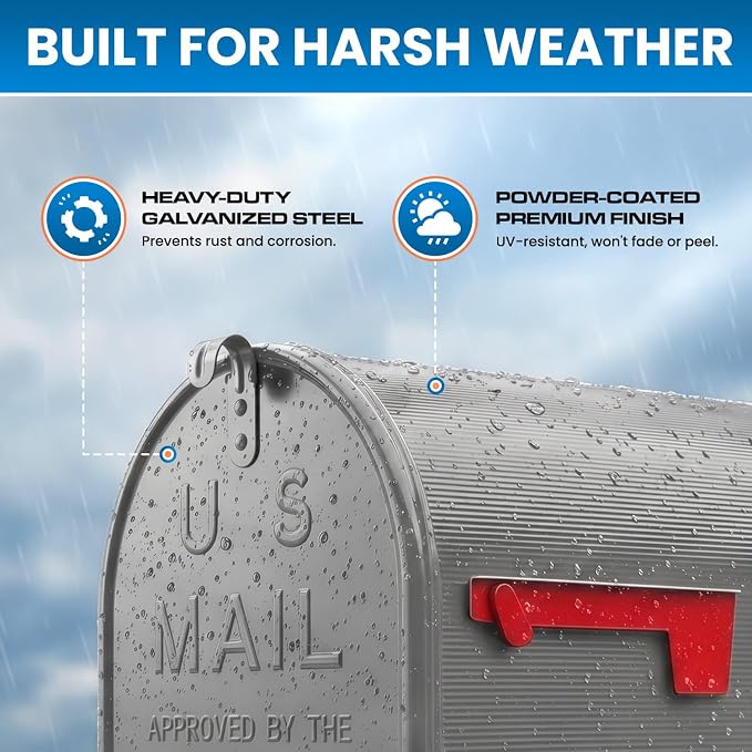 Plexon Gray Jumbo Size Rural Mailbox, 3175 cu-in Capacity, Galvanized Steel, Powder-Coated, 15 in. H x 11.69 in. W x 24.82 in. L