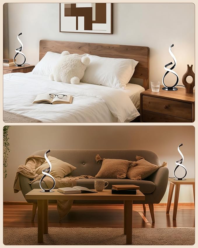 2 Pack Modern Touch Lamp for Nightstand, LED Spiral Table Light | Dimmable 3 Color Temperature Night stand Desk Lamp, Unique Bedside Light for Living Room, Bedroom, Ideal Gift, Black