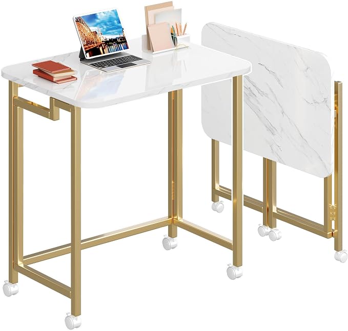 4NM 23.6" Mobile Small Rolling Computer Desk, Folding Laptop Cart Table with Wheels, Portable Office Desk for Small Space Couch Bed - White and Golden