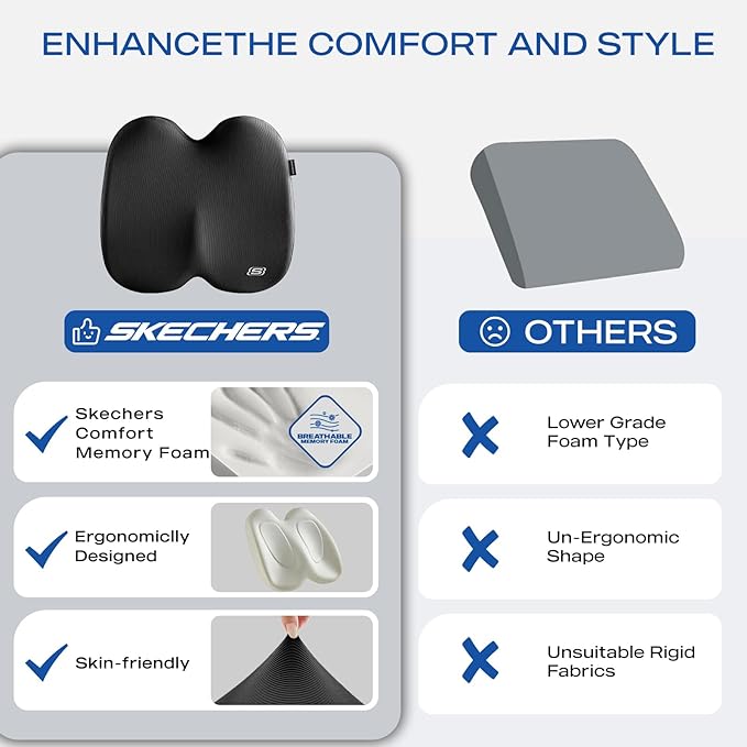 Skechers Seat Cushion, Ergonomic Memory Foam Cushion for Long Sitting Hours on Office & Home Chair, Car Seat Cushion for Sciatica, Coccyx Cushion,Black