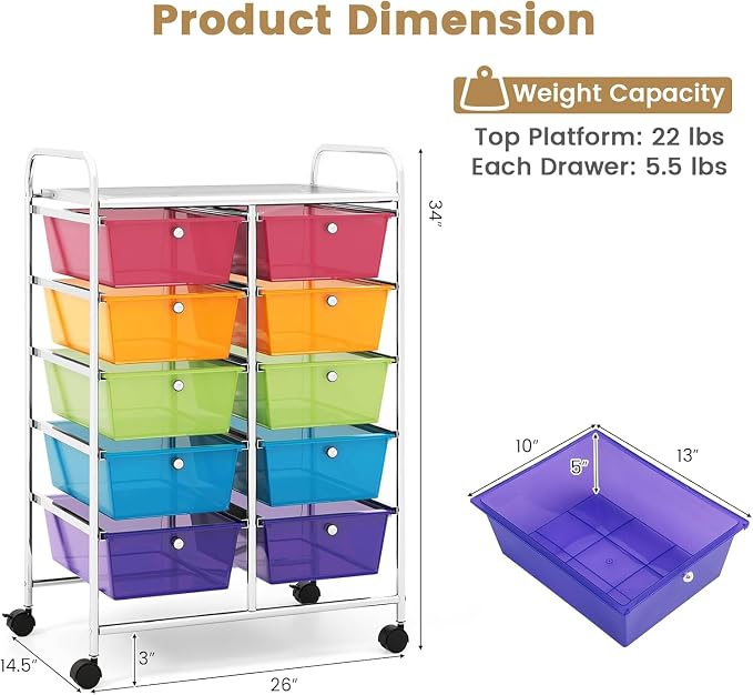 10 Drawer Rolling Cart, Storage Cart Organizer on Wheels, Drawer Cart with Metal Frame & Large Storage Capacity, Rolling Cart with Drawers for Living Room Classroom, Office