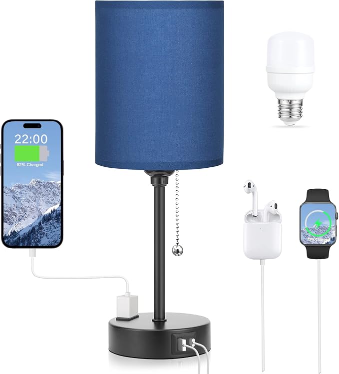 Small Bedside Table Lamp for Bedroom - Desk Lamp with USB Ports for Dorm | USB A+C Ports, AC Outlet, 3 Color Temperatures, LED Bulb Included, Navy Blue Shade, Matte Black Base, 14" Night Stand Lamp