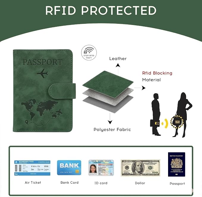 ILIYAH-Passport Cover-Passport Holder Travel Wallet-RFID Blocking Passport Case Travel Accessories Card Holder Wallet Unisex Travel Gifts (Green MG)
