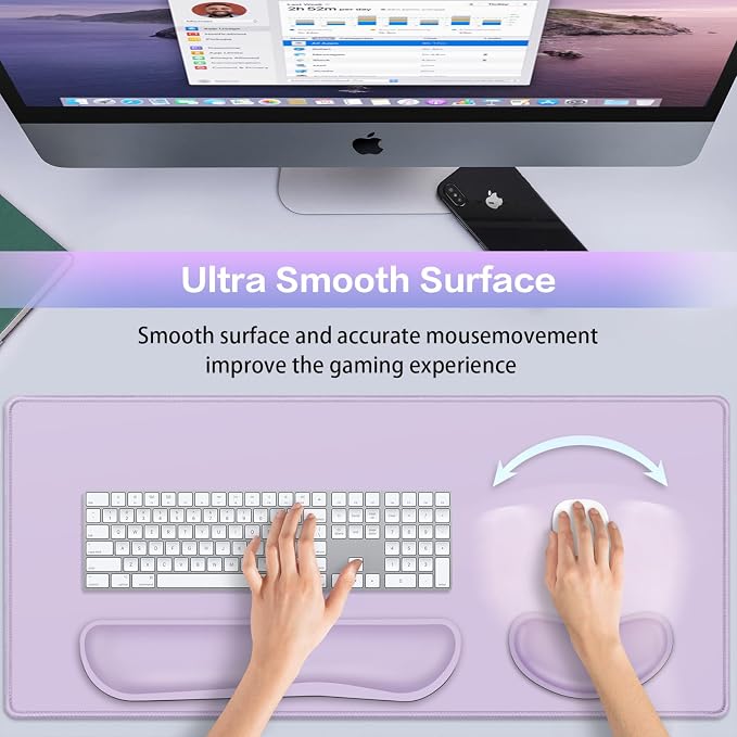 Desk Mat Purple, Large Gaming Mouse Pad with Wrist Rest, 4in1 XXL | Mousepad+Keyboard Wrist Rest+Mouse Pad Wrist Support+Cup Coaster Set Ergonomic Computer Desk Arm Wrist for Decor Office Women