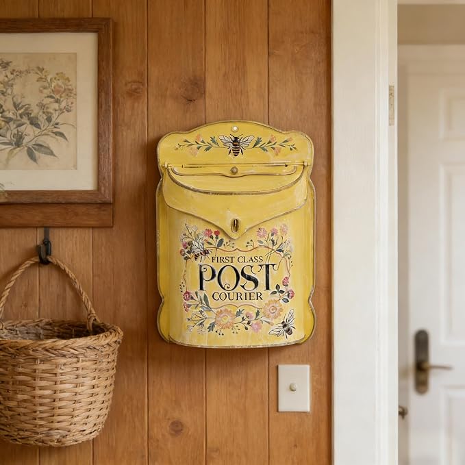 Wall Mount Mailbox for Outside Vintage Mail Boxes for House Outside Metal Door Mailbox Drop Box Antique Style Nostalgic Charm Home Decorative, Flower Pattern, Yellow