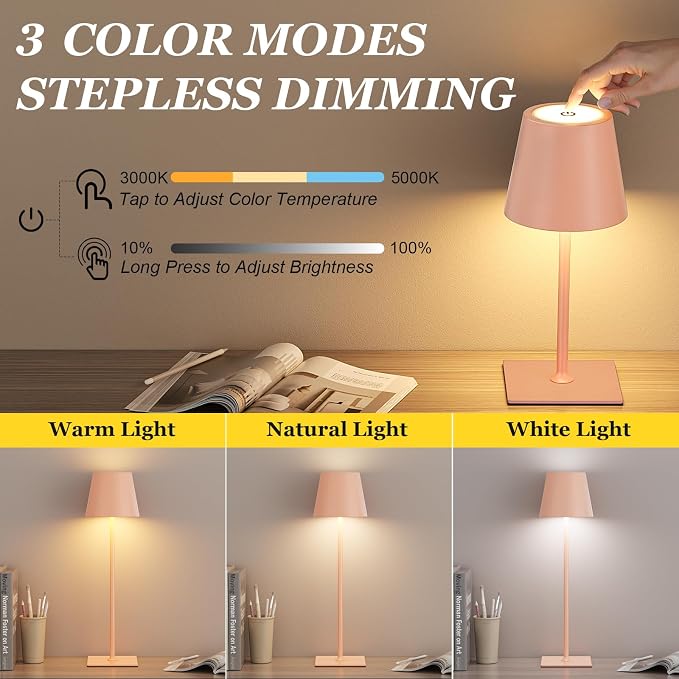 Kakanuo Pink Cordless Rechargeable Table Lamp 5000mAh Battery Operated Lamps, 3 Colors Stepless Dimming Touch Lamp for Living Room, Kitchen Counter, Dining, Outdoor Patio, 2 Pack