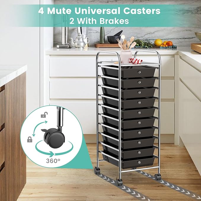 HOMGX 10 Drawer Storage Organizer Cart, 10 Tiers Multicolor Storage Trolley, Storage Drawer Bin Carts, File & Debris Storage Mobile Cart, Rolling Organizer Cart for Office/School/Home (Black)