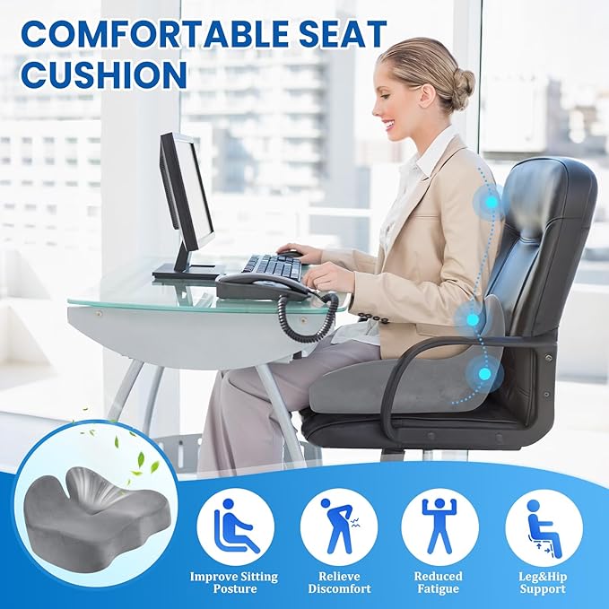 Seat Cushion, Memory Foam Office Chair Seat Cushion for Office Chairs/Car/Long Trip/Desk Chair/Gaming, Large Size for Sciatica & Hip & Tailbone Pain Relief, Sciatica Support (Light Gray)