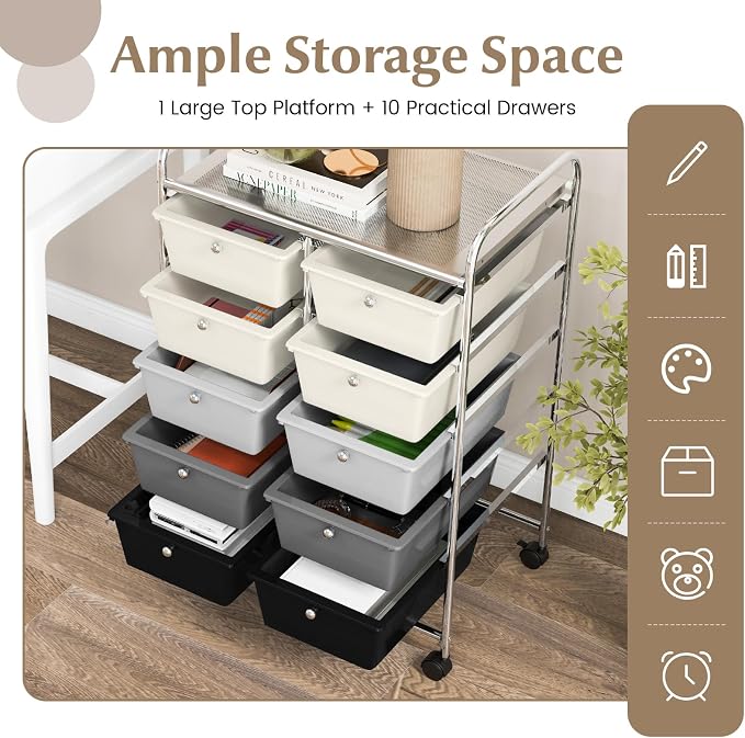 COSTWAY 10 Drawer Rolling Storage Cart, Utility Cart with Lockable Wheels | Mobile Art Supply Craft Organizer with Metal Frame, Multipurpose Drawer Cart for Paper for Office, School, Gray Gradient