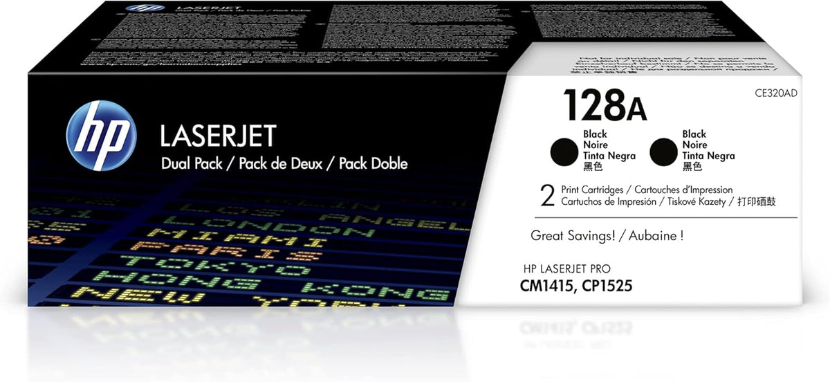 HP Original 128A Black Toner Cartridges (2-pack) | Works with LaserJet Pro CM1415 Color, CP1525 Color Series | CE320AD