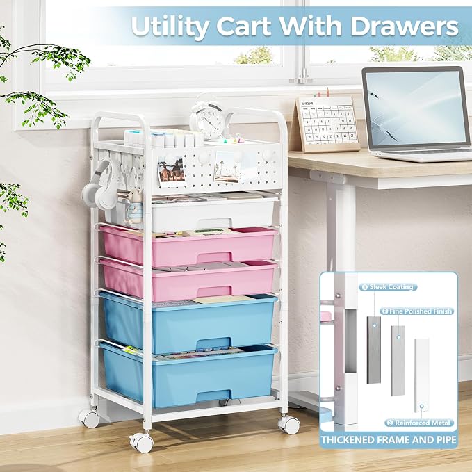 5 Drawer Rolling Storage Cart with Pegboard Top and Hooks, Pink&Blue | Mobile Organizer Cart with Wheels for Office Supplies, Craft Storage, Classroom Organization, Home Utility Cart