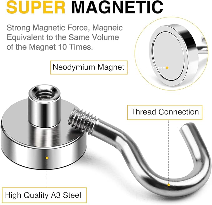 DIYMAG Magnetic Hooks, 30lbs 6pcs Cruise Cabin Essentials Heavy Duty N52 | Strong Neodymium Rare Earth Magnets, for Kitchen, Classroom, Beach, Cruise Cabins, Refrigerator, Hanging Key Clothes Wall Hat