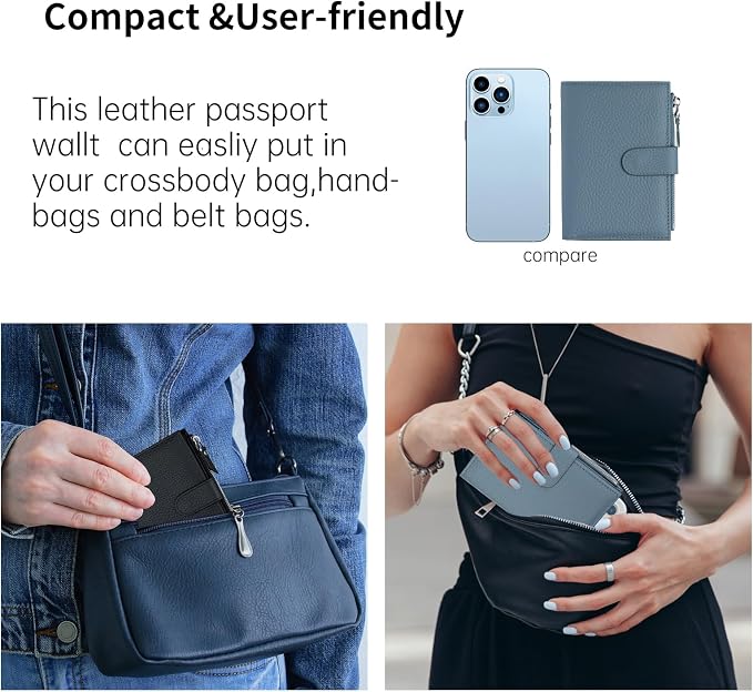 Passport wallet and Card Slot Combo RFID Blocking Leather Travel Passport Wallet for Men and Women with Zippered Coins Pocket Passport holder, Deep Blue