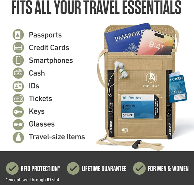 VENTURE 4TH Travel Neck Wallet, RFID Blocking Passport Holder - Beige