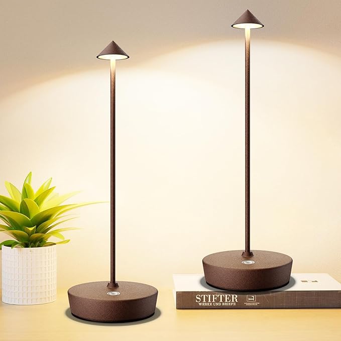 Set of 2 Cordless Rechargeable Led Table Lamp Battery Operated Light Rust | 6000mAh Touch 3 Color Dimming Portable Metal Outdoor Waterproof Light for Patio/Restaurant/Dining/Home