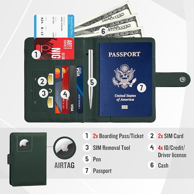Passport Holder with AirTag Slot, Travel Passport Book Wallet | RFID Blocking, PU Leather, Cards Pocket, Cash Pocket, Passport Case, Women Men Travle Gifts, Travel Essentials
